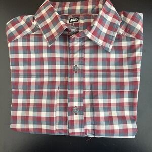 Mens REI Red Gray Cream Plaid Shirt Short Sleeve Button Front Vented Sz S